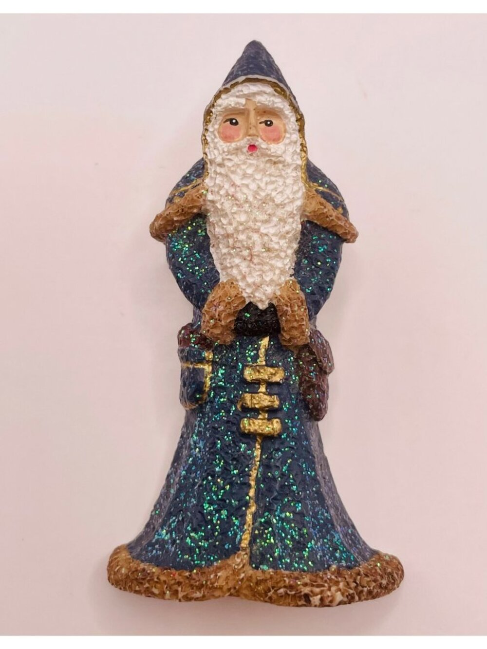 Vintage Enesco Belsnickle Santa Claus Brooch Pin Sparkly Blue Gold -15B